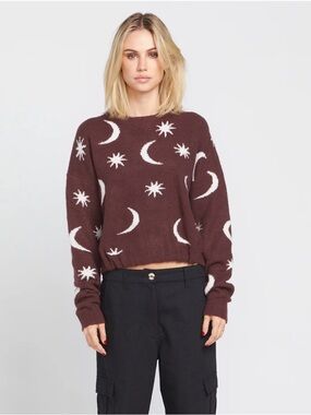 Volcom Nyte Stone Moon & Stars Crewneck Sweater - Espresso size L NWOT